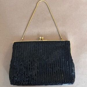 Vintage Walbaxg Beaded Gold Metal Handle Clutch Evening Purse Inside Compartment